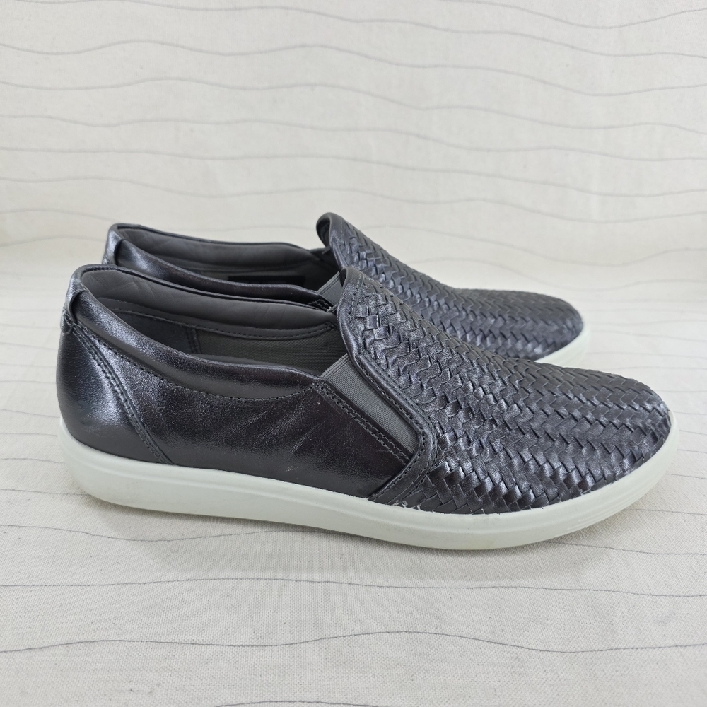 Ecco Womens Soft 7 Woven Leather Pewter Gray Slip On Loafers Shoes Size 40 EU